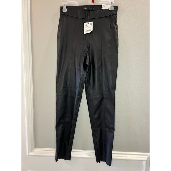 Zara Pants - ZARA NWT High Rise Faux Leather Leggings Size S Black Ankle Zip Raw Hem Lined